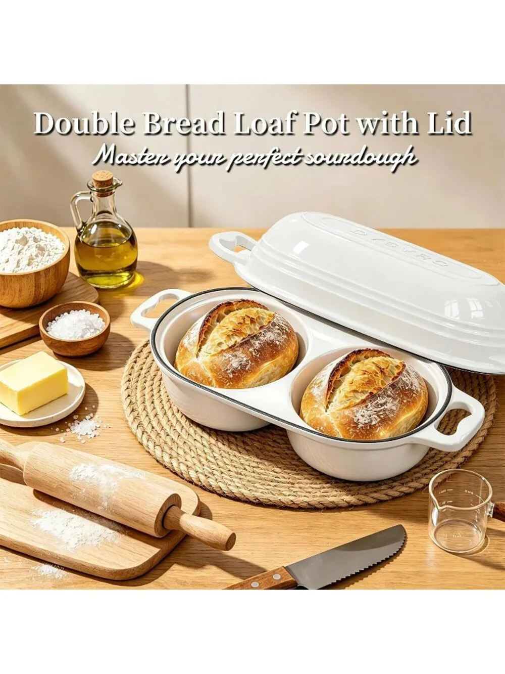 16cm Cream White Cast Iron Double Round Bread Loaf Pot with Lid Mini Dutch Oven